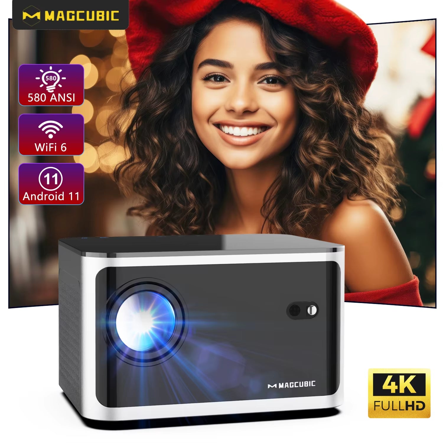 Portable Projector 580ANSI Auto Focus Projector Android 11 4K 1080P Wifi6 Voice Control Allwinner H713 BT5.0 Home Cinema HY350 Pro